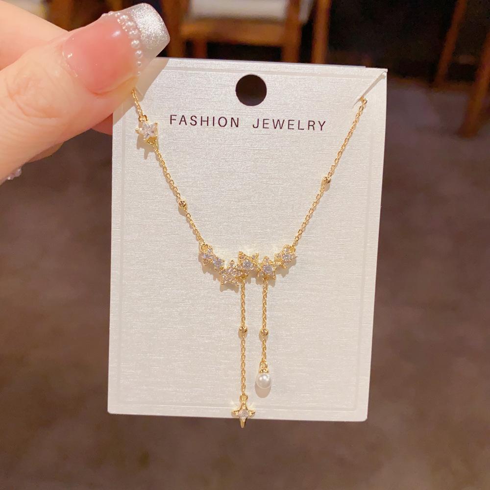 Japan and South Korea Exquisite Fashion Light Luxury Zircon Star Tassel Necklace Temperament Simple Versatile High Sense Super Flash Collarbone Chain