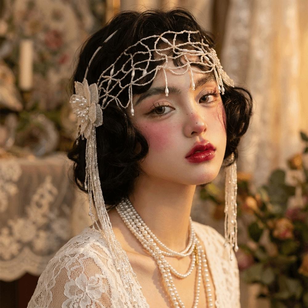French Style Bridal Headband Lace Wedding Headgear Fringed Hairpin Lace Floral Net  Wedding