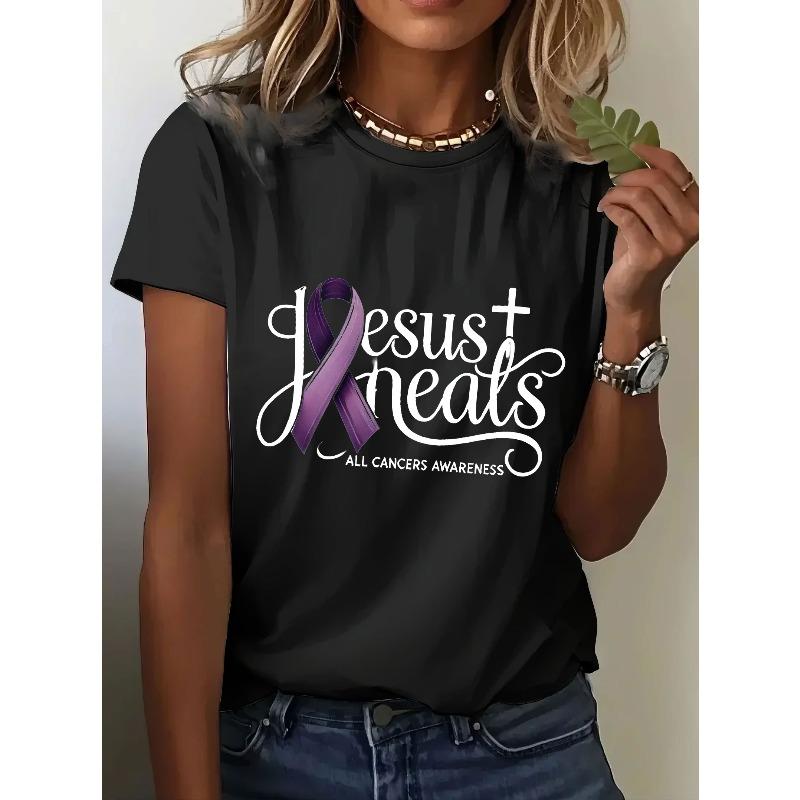 NEW Womens ALZ Print Short Sleeve TShirts Summer Round Neck Casual Tops Tees