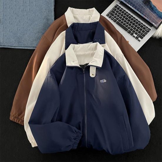 Men Cardigan Jacket Lapel Long Sleeve Zipper Placket Color-Blocking Design Jacket Coat with Pockets Loose Fit Outerwear