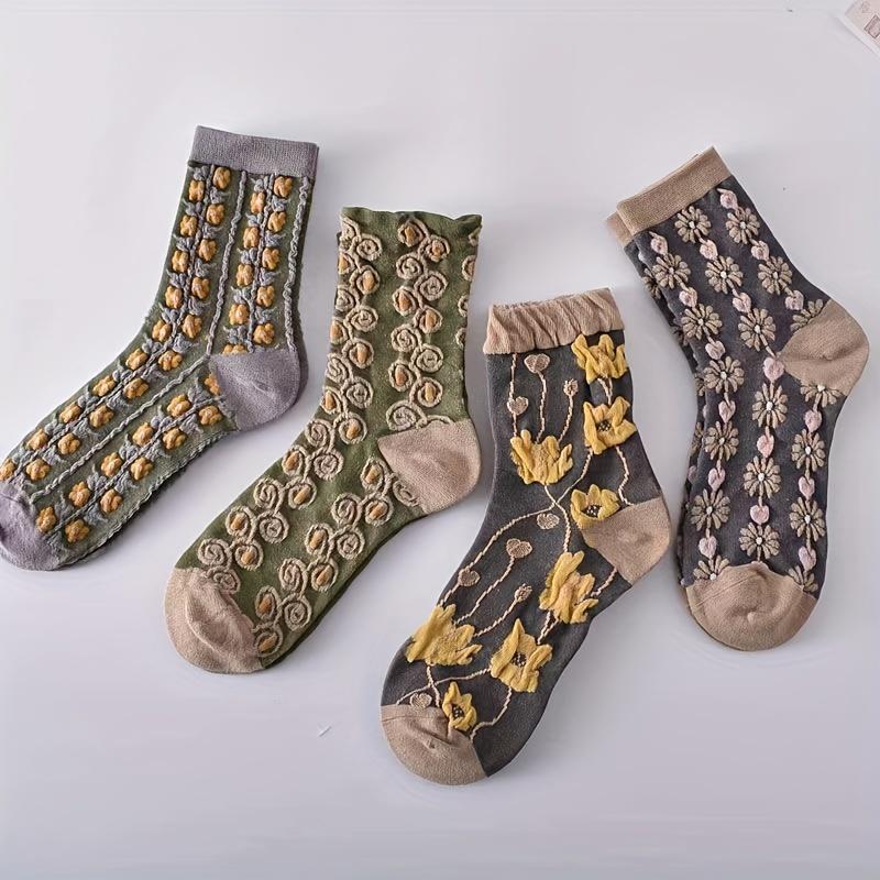 5-Pack Women's Mid-Calf Socks - Embossed Floral & Lace Design, Breathable Ribbed Cuffs, Assorted Colors for Casual & Dressy Occasions