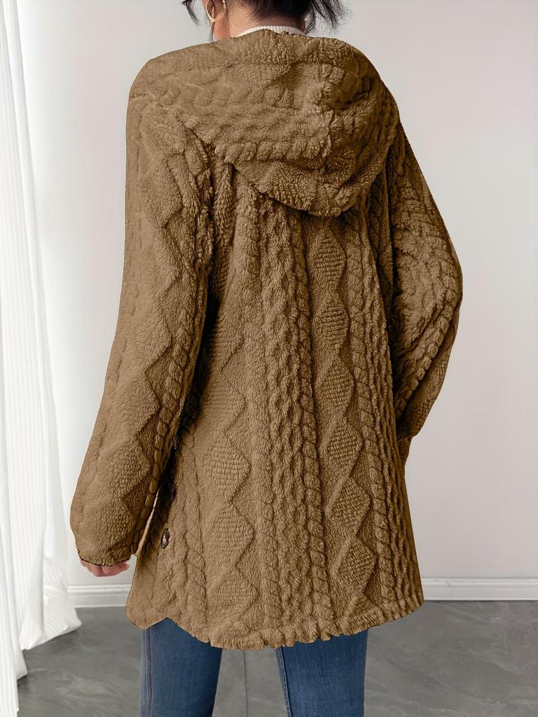 2025 Autumn/Winter Women's Warm Plush Hooded Cardigan - Button-Up Solid Color Coat