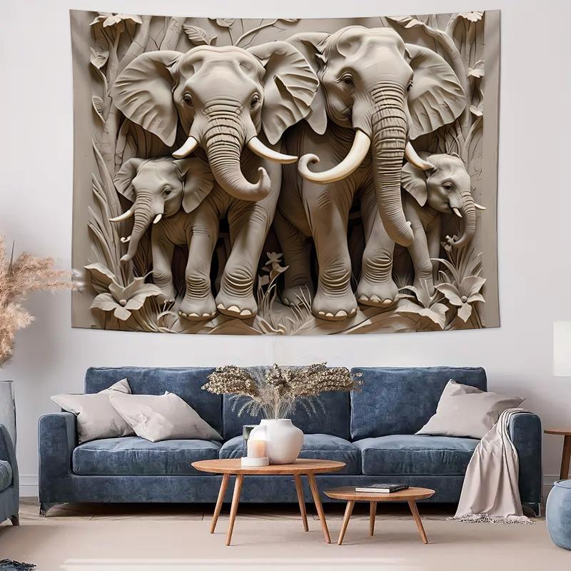 Elephant Family Relief Hanging Cloth Elegant Wildlife Art Tapestry Wall Hanging