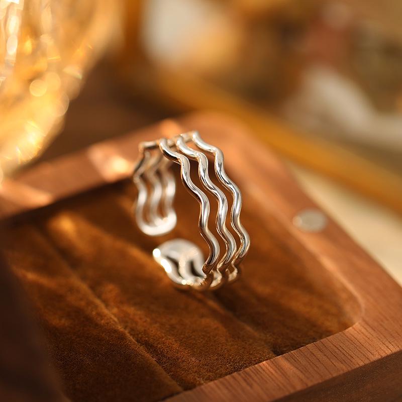 Banyan Tree S925 Silver Triple Wave Korean Ring, Adjustable Plain Cold-Style