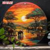 D Flat Metal Sign Retro Vintage African Safari Metal Wall Art Rustic Sunset Elephant Round Tin Plaque Wilderness Nature Land