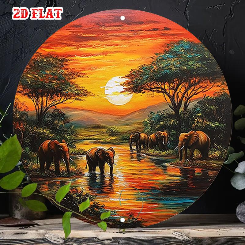 D Flat Metal Sign Retro Vintage African Safari Metal Wall Art Rustic Sunset Elephant Round Tin Plaque Wilderness Nature Land 20x20cm(8x8inch)