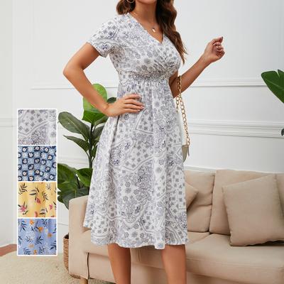 Spring Summer Chiffon Women's Fashion Floral Print Short Sleeve V-Neck Dress Bohemian Beach Dress