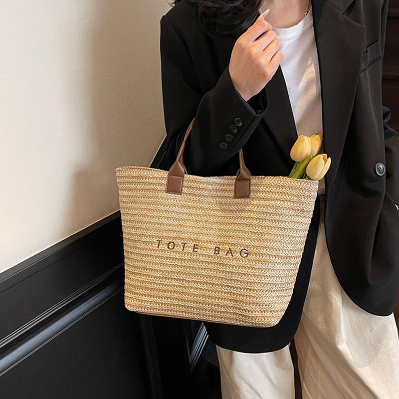 Women Straw Tote Handbag Large Capacity Crochet Beach Shoulder Bag Solid Color Weaving Travel Ladies Summer Daily Bag CLE