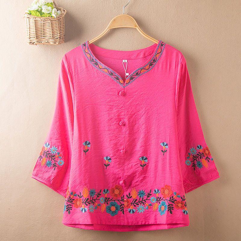 

Свободный вышитый топ, этнический стиль, женская футболка больших размеров на лето XXXL ярко-розовый