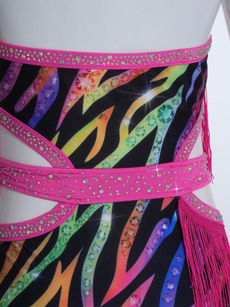 Kids Rhinestone Tassel Latin Dance Competition Bodysuit Halter Sleeveless Crisscross Back Side Cutout Jumpsuit for Stage Show