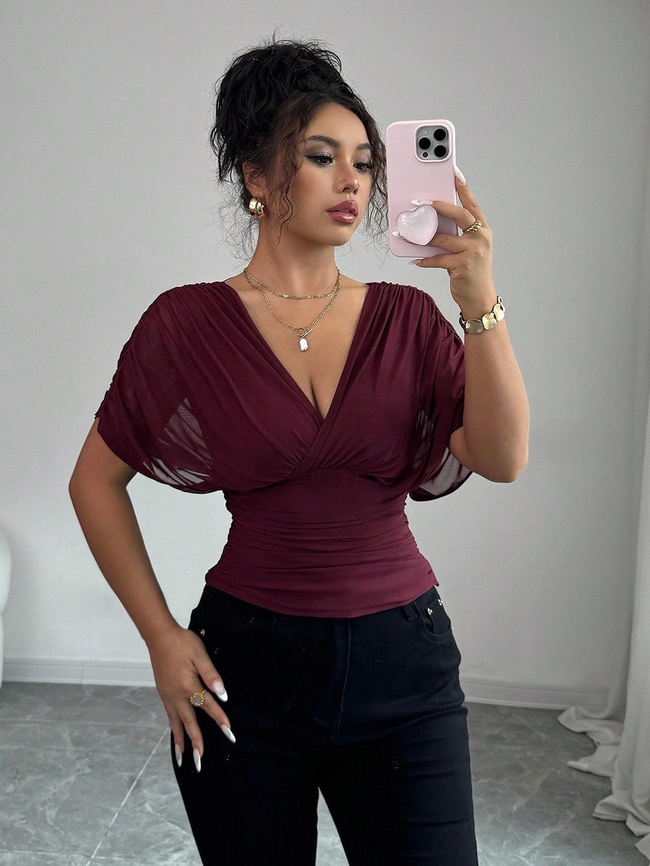 European and American Fashion Deep V-neck Puff Sleeve Fitted Waist Women s Top L вино красного