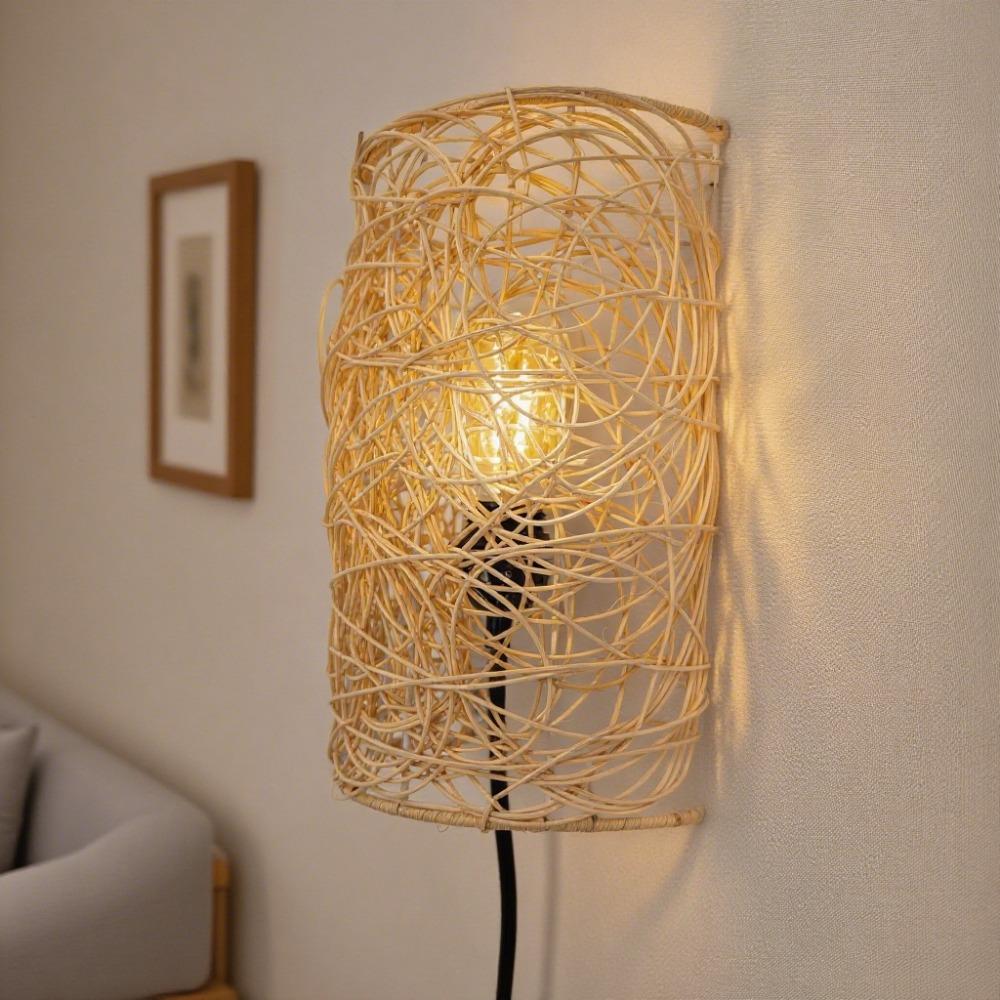 

Плетеные вручную ротанговые настенные светильники с диммируемым выключателем, подключаемый светильник, настенный бра в деревенском, бохо, винтажном стиле для прикроватной тумбочки, ресторана, E27 US Plug&No Bulb