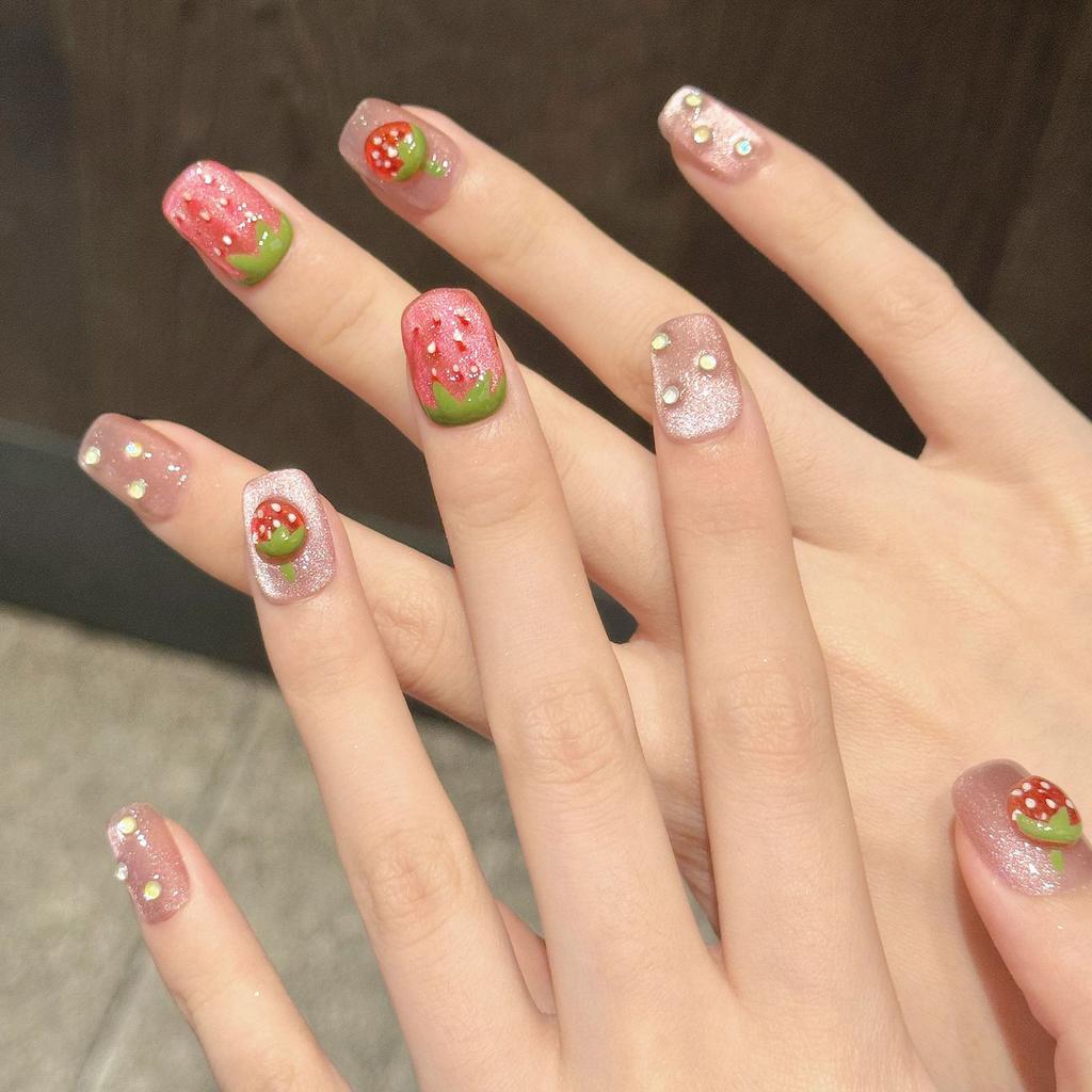 10PCS Pink Cat Eyes Short Artificial Nails Finger Natural Unbreakable Nail Simple Wear for Girlfriend Wife Women and Girl