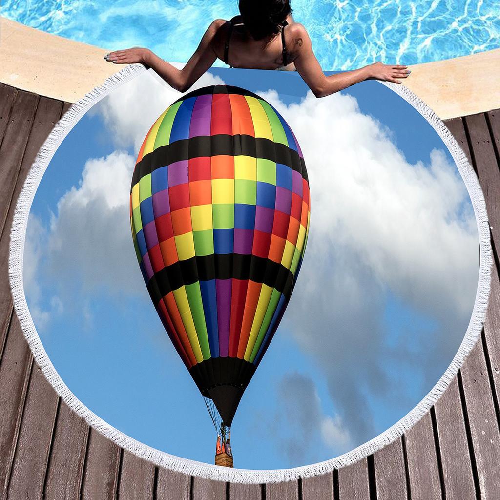 Romantic Round Beach Blanket,Hot Air Balloon Print Beach Towel,Anti-Sand Absorbent Quick-drying Pool Towel,Portable Picnic Mat