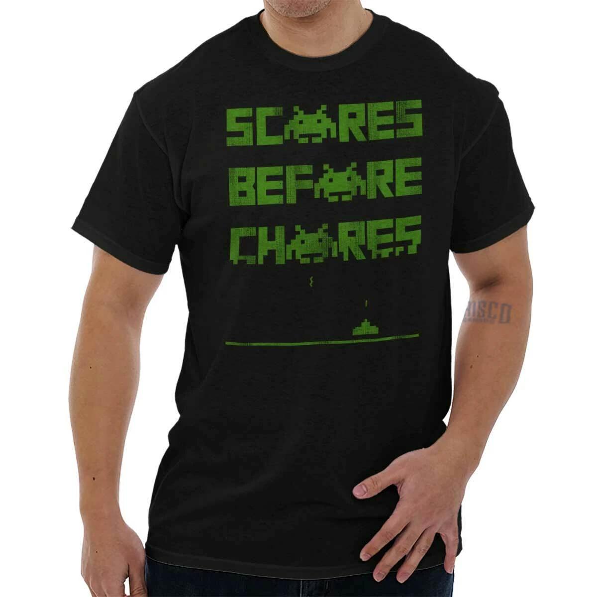 Funny Video Gamer Joke Scores Before Chores Womens or Mens Crewneck T Shirt Tee XXL