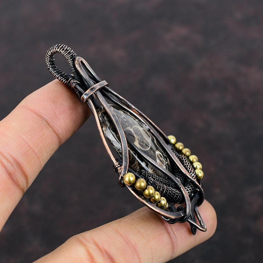 Turritella Agate Pendant Copper Wire Wrapped Pendant Genuine Gemstone Jewelry Handmade Pendant Copper Wire Jewelry Designer Pendant For Gift