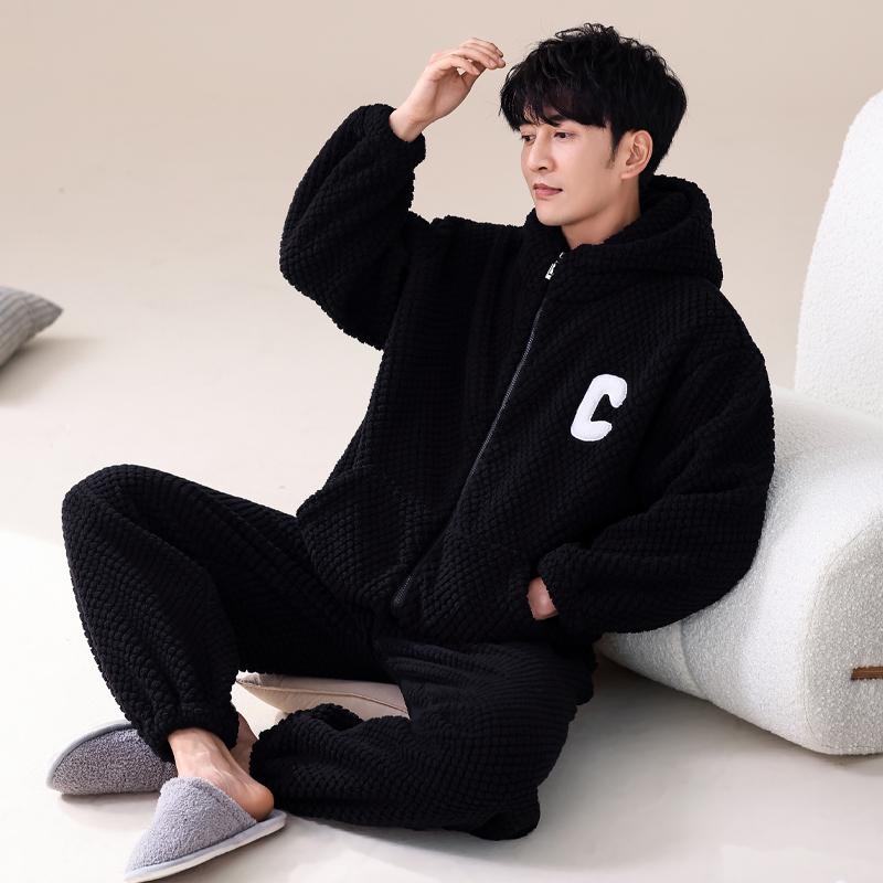 Men's Coral Fleece Lined Hooded Thickened Sleepwear Cardigan Home Clothes Sports Set Winter Warm Cozy Flannel Pajamas Suit