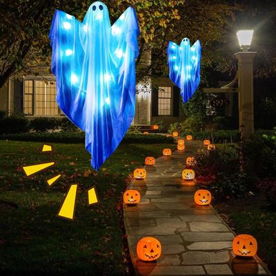 2025 Halloween Ghost Hangable Figurines LED Ghost Pendant with Light and Sounds Garden Tree Light Up Ghost Decoration