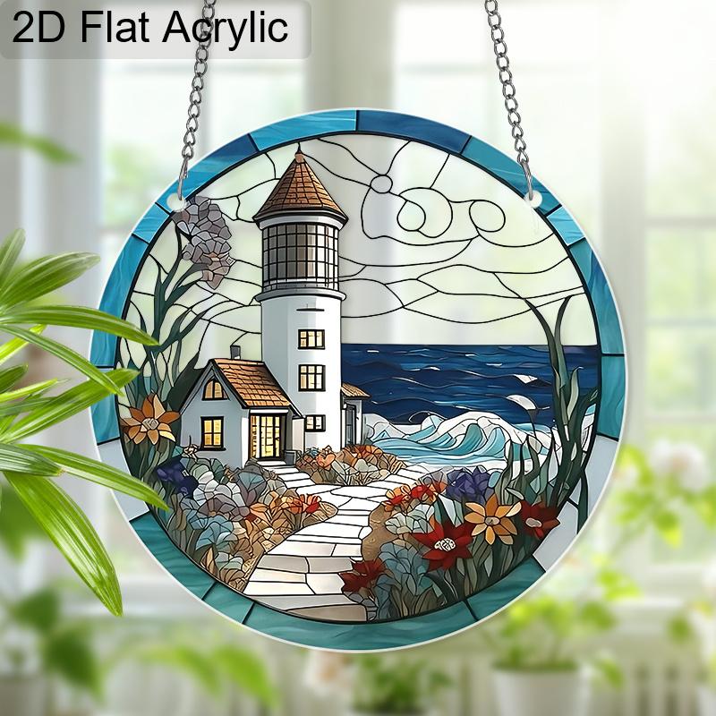Acrylic Coastal Lighthouse with Ocean and Flowers Suncatcher, Stained Glass Effect Window Hanging Ornament for Nautical & Beach Lover Gifts
