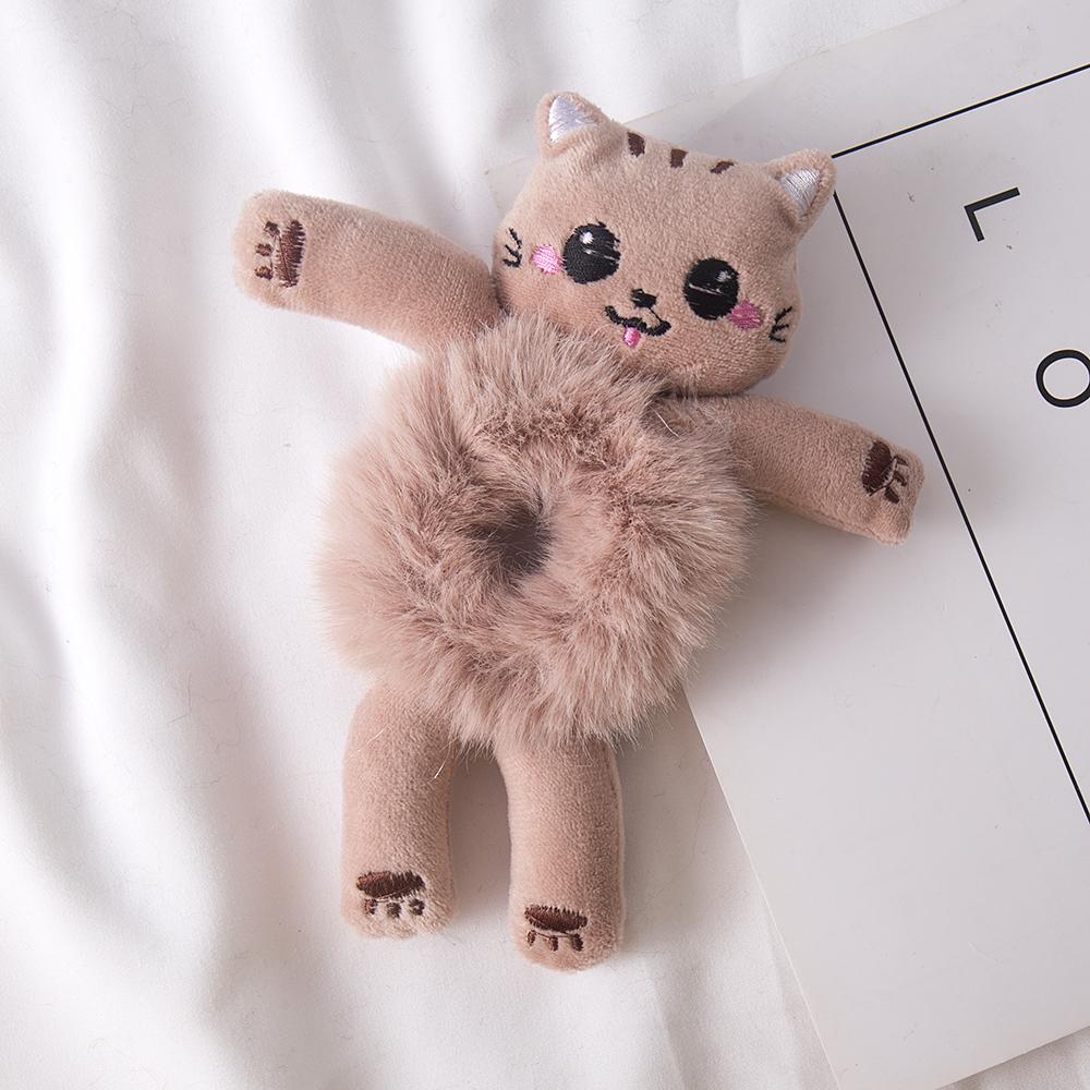 Women Faux Fur Ball Scrunchies Cute Cartoon 3D Bear Hairband Elastic Hair Rope Bands Ties Ponytail Holder Girls Hair Accessories
