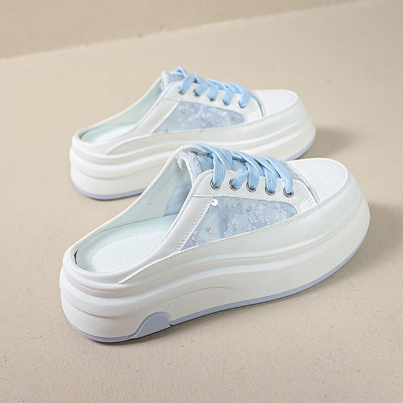 

Кружевные сетчатые дышащие туфли-полусапожки с пайетками, женские туфли на платформе с утолщенной подошвой, лето 2025, новые маленькие белые туфли 40