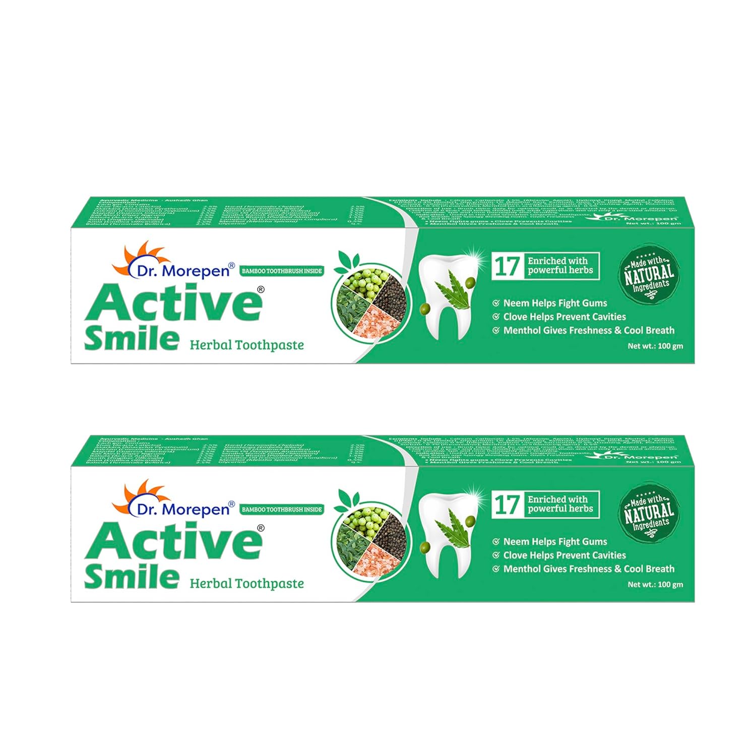 

Dr. Morepen Active Smile Toothpaste 100 gm with Bamboo Brush Pack of 2 for Fresh Breath and Oral Care
