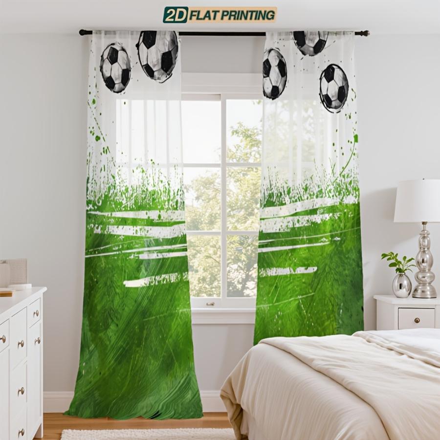 2PCS Digital Printed Sheer Curtain, Green Soccer Football Field, Sports Theme Boys Room Decor for Living Room Bedroom Home Decor