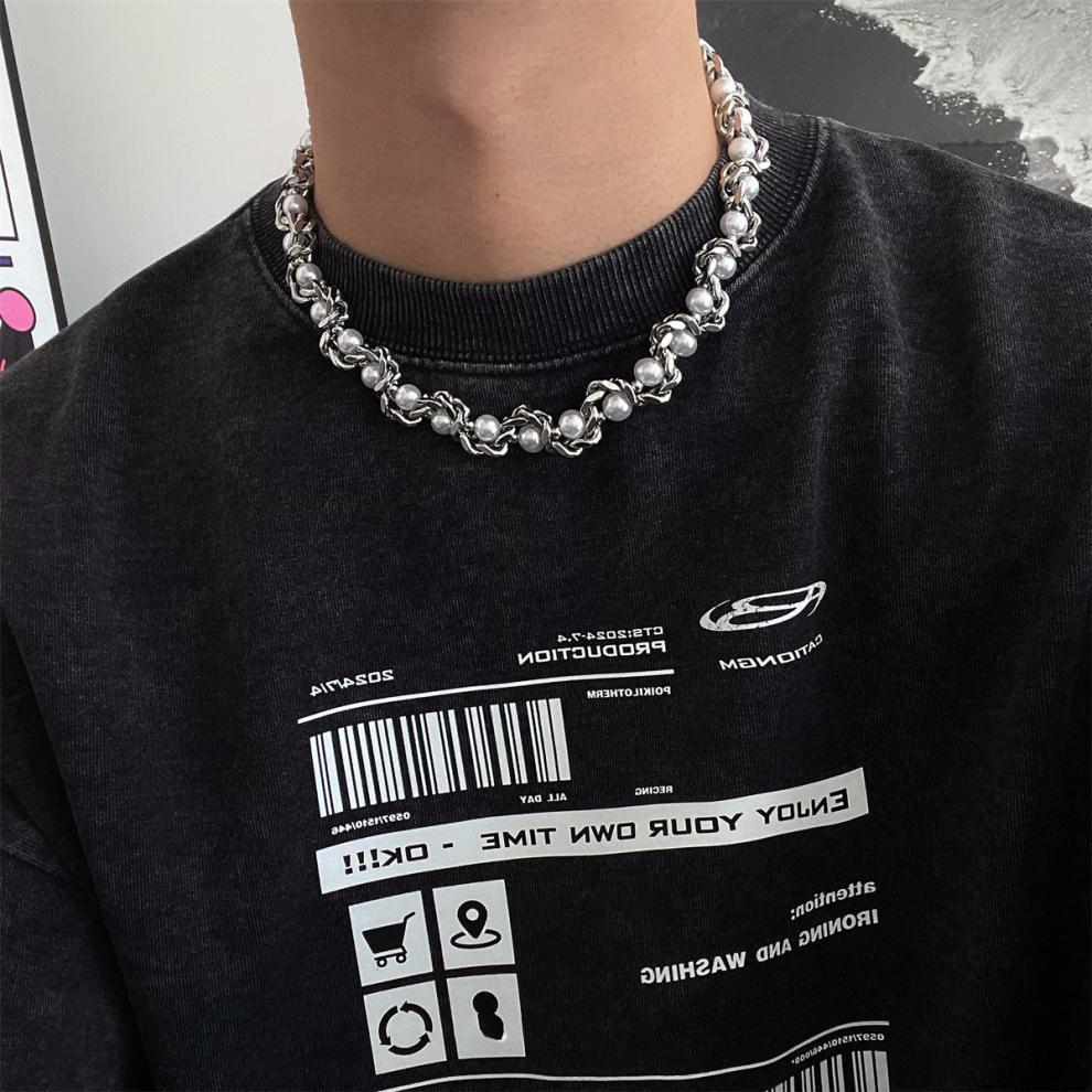 Cuban Chain Wrapped Pearl Necklace Men's Tide Niche High-end Design Hip-hop Collarbone Chain Men's and Women's Neck Chain Accessories Tide
