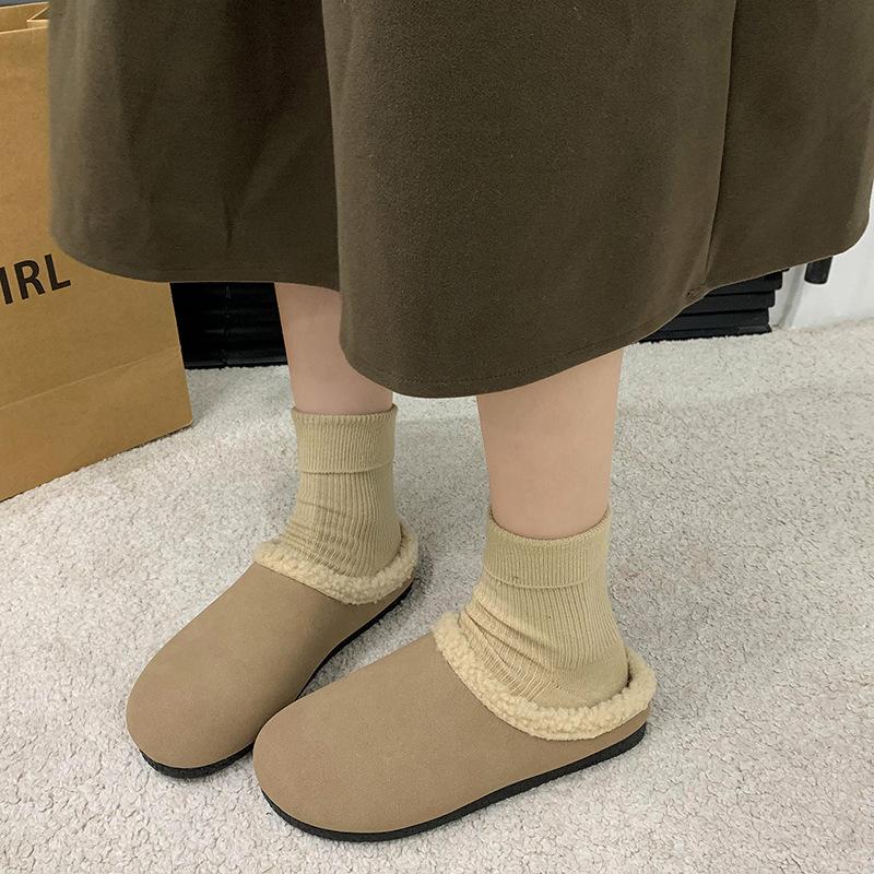 Women's soft bottom large size thickened winter warm fur one padded lining ankle boots non-slip Baotou cotton half slippers