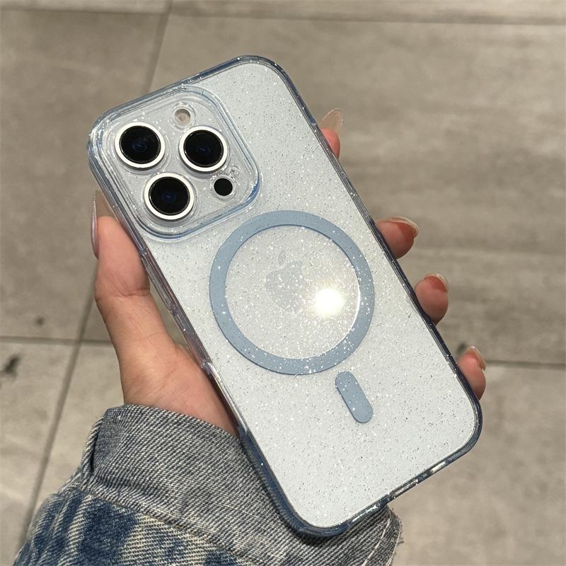 Luxury Glitter Magsafe Transparent Case For iPhone 13 14 15 16 Pro Max Plus Magnetic Wireless Charge Shockproof Soft Cover