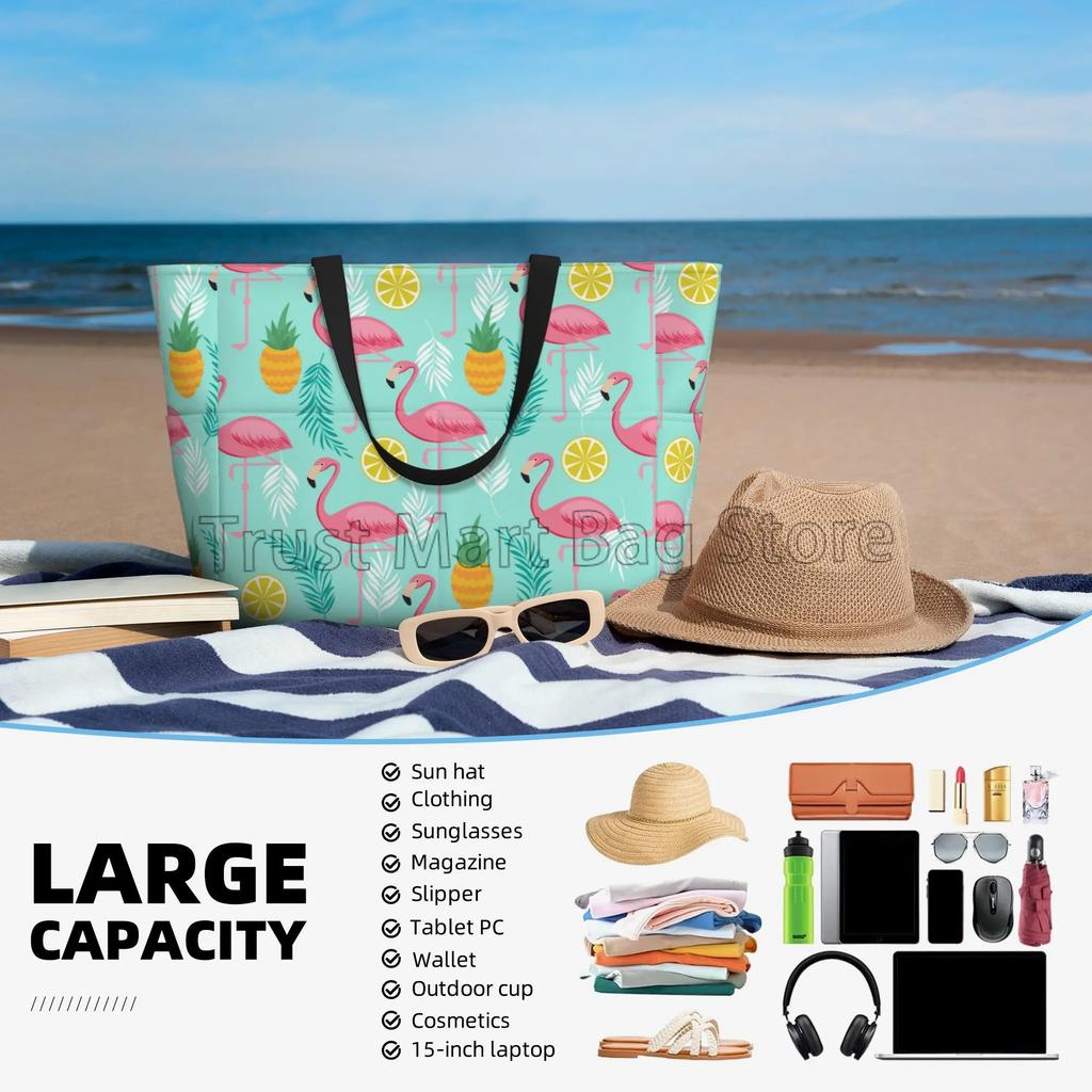 Rosa Flamingo-Print Große Strandtasche Damen Tragbare Reisetasche Wasserdicht Sandfest Pooltasche für Schwimmen Fitnessstudio Lebensmittel Urlaub