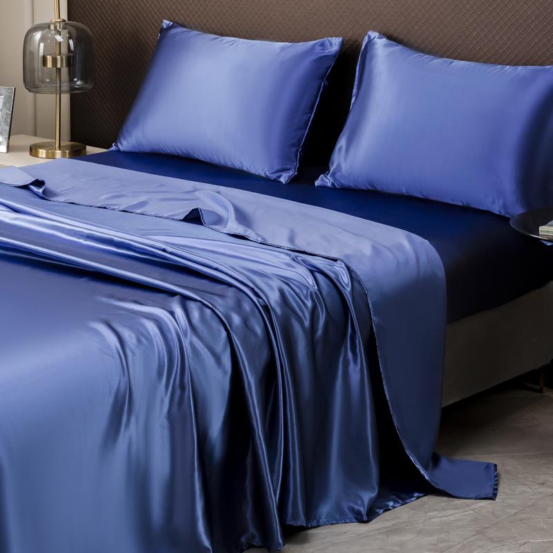 Satin-Feel Solid Color Four-Piece Bedding Set: Bed Sheet, Fitted Sheet, and Pillowcases (European & American Style)