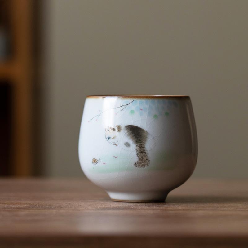 1 Pc Chinese Tradition Ru Kiln Ceramic Tea Cup Handmade Cute Cat Teacup Household Personal Tea Bowl Travel Master Cup Tea Set