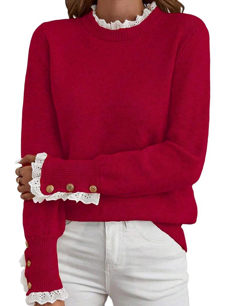 2025 Autumn/Winter Women's Solid Color Pullover Sweater - European & American Fashion, Playful Lace Patchwork, Long Sleeve, Thick Top.