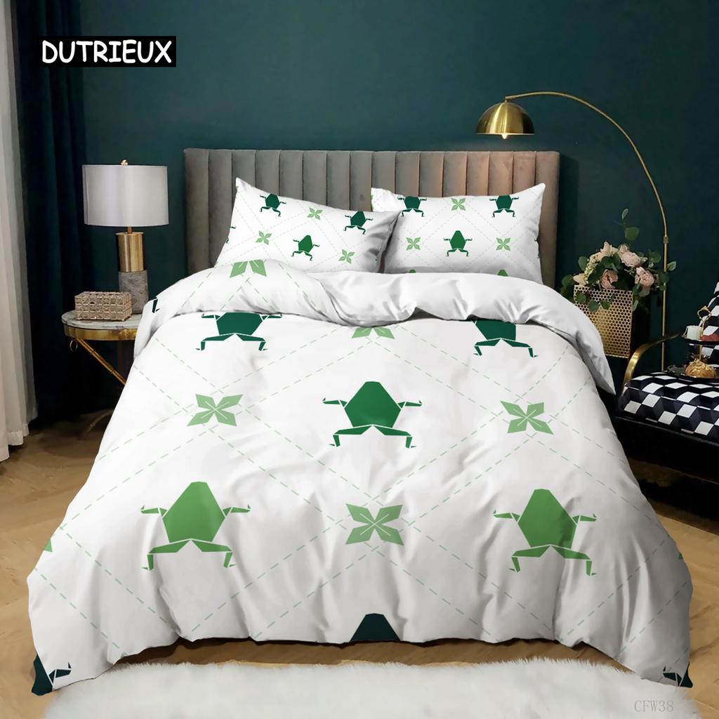 Cartoon Frog Duvet Cover Set Light Green Cartoon Frogs Cute Dragonfly Animal Bedding Set for Kid Twin Size Polyester Quilt Cover