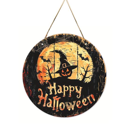 Thanksgiving Yard Display Halloween Wooden Sign,Round Hanging Pendant with Lanyard, Retro Distressed Holiday Home Ornament Wood Skeleton/Pumpkin/Clown