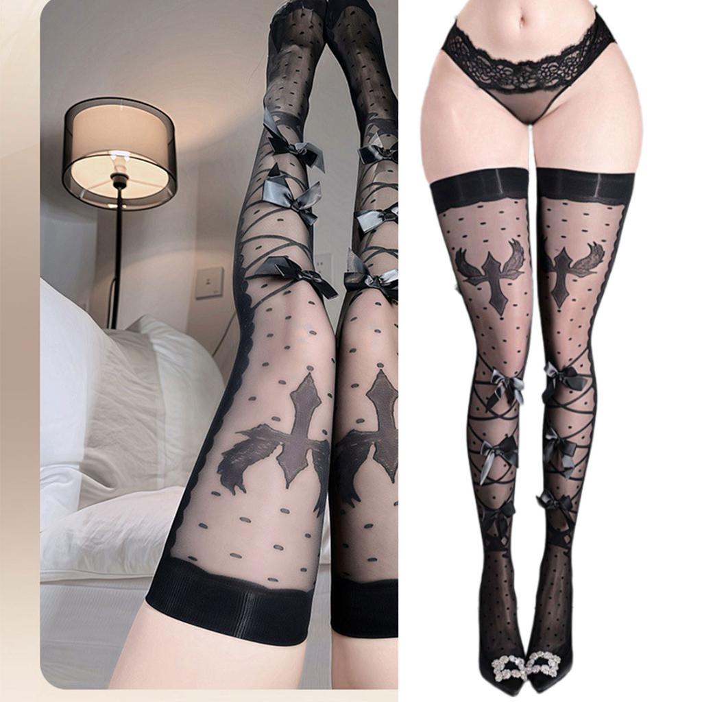 Breathable Over Knee Sheer Lace Socks Delicate Bowknot Tie Decoration Plush Velvet Comfort
