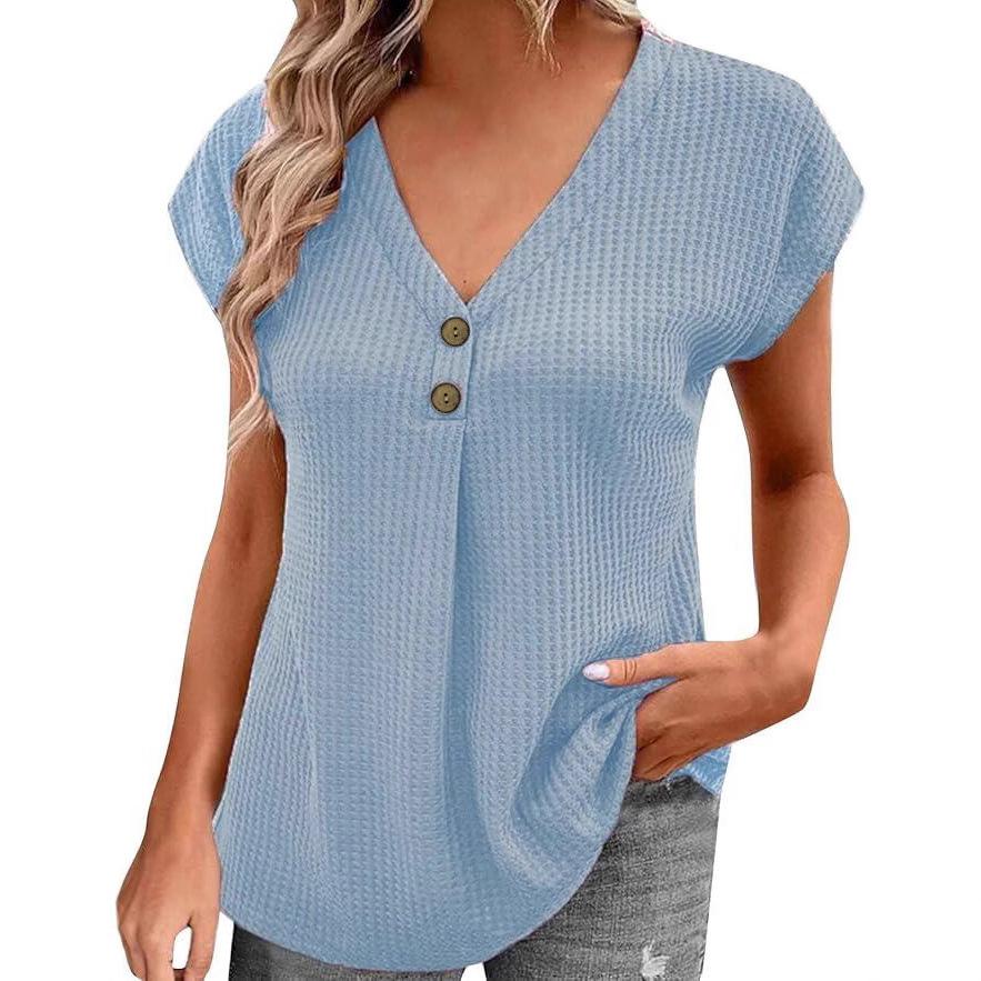 

Spring and summer large-size women s clothing, new European and American tops, solid color buttons V-neck short sleeves for women 1XL светло-синий