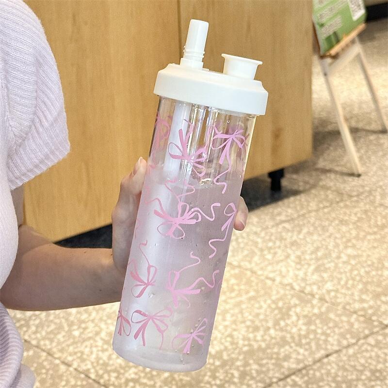 500/850ml Water Bottles Straw Plastic Cup Milk Juice Cup with Lid Leather Case Bubble Tea Coffee Cups Large Capacity Drinkware