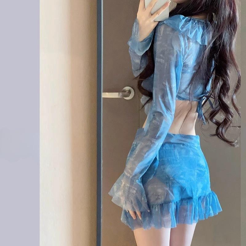 Elegant Blue Tie Dye Swimsuit Set with Ruffle Sheer Long Sleeve Top Mini Skirt Modest Swimwear for Beach Pool Vacation