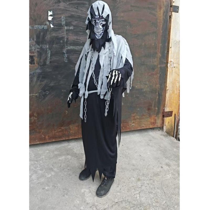 6Pcs Grim Reapers Costume for Adults,Scary Halloween Costume with Grim Reapers Mask Headgear Skeleton Gloves,Waist Belt