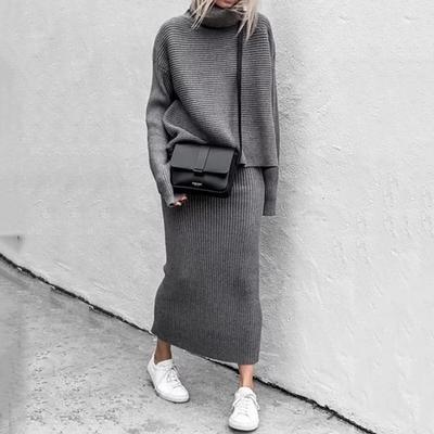 Autumn Winter Thick Knitted Turtleneck Sweaters Casual Baggy Pullover Knit Sweaters Women's Two-piece Tops and Long Skirts