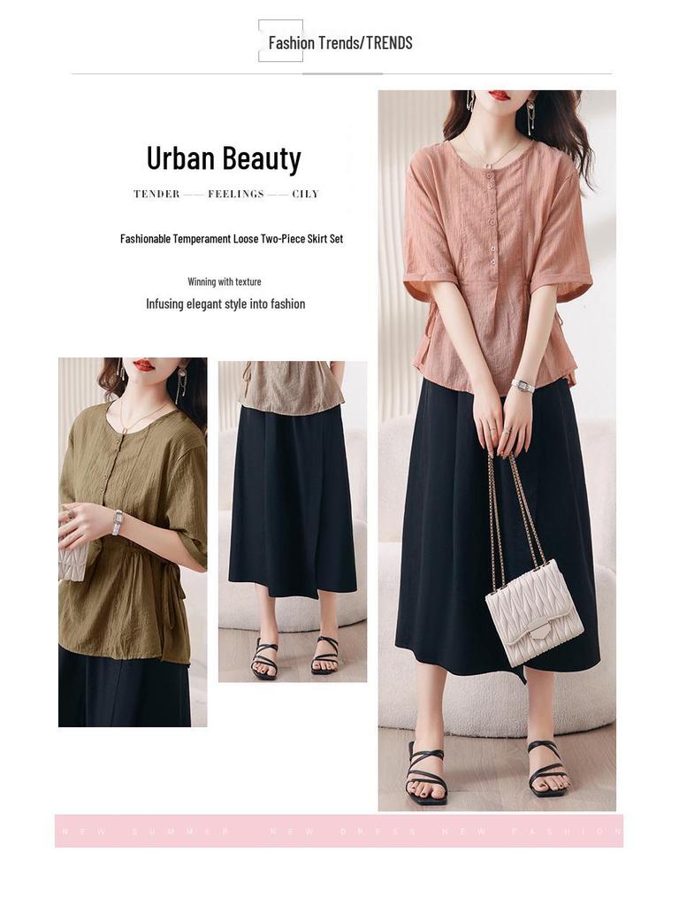 2025 Summer Fashion Tencel Blouse & Midi Skirt Set for Women - Age-Reducing, Casual, Loose Fit 