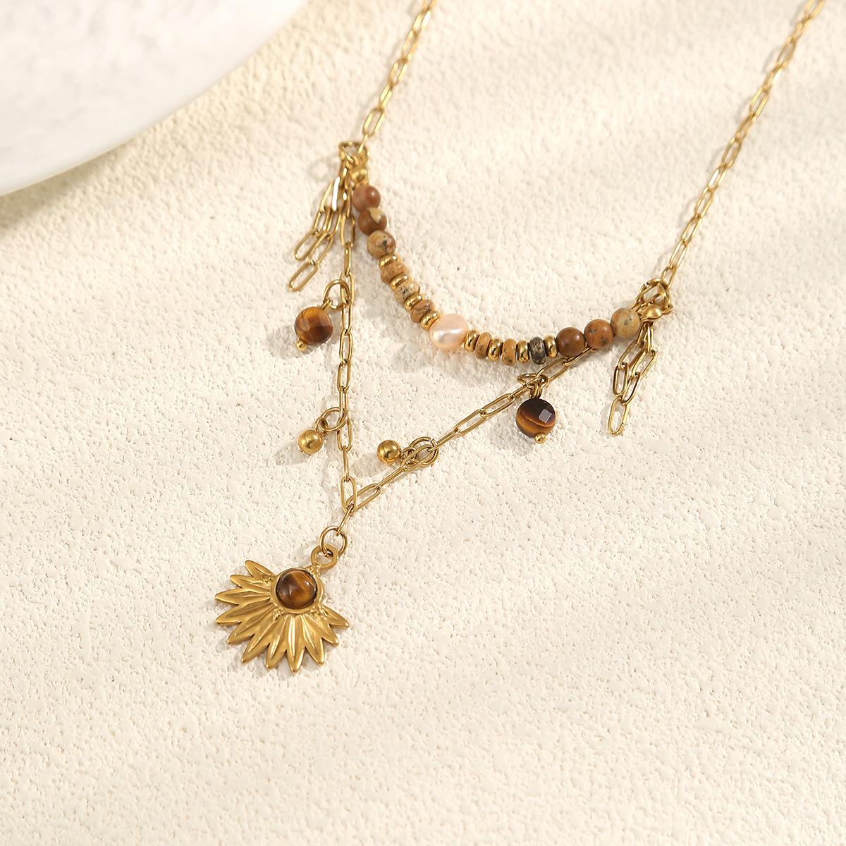 Stainless Steel Tiger Eye Stone Sunflower Pendant Stone Pearl Beaded Layered Necklace For Women Fashion Jewelry Gifts золотой