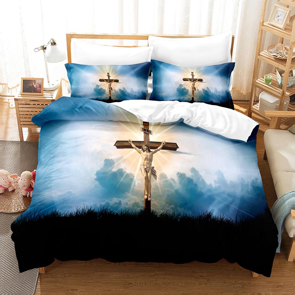 Conjunto de cama tamanho Queen com estampa de Jesus, série budista. Inclui: [Lista de roupas de cama]. (Capa de edredom + fronhas)Meninos e meninas adolescentes