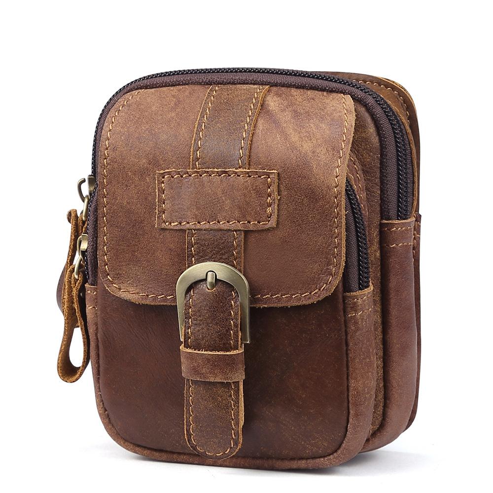 Leather Men'S Matte Leather Zipper Fanny Pack Outdoor Sports Waist Bag Men'S Construction Site Work Wear-Resistant Mobile Phone Fanny Pack