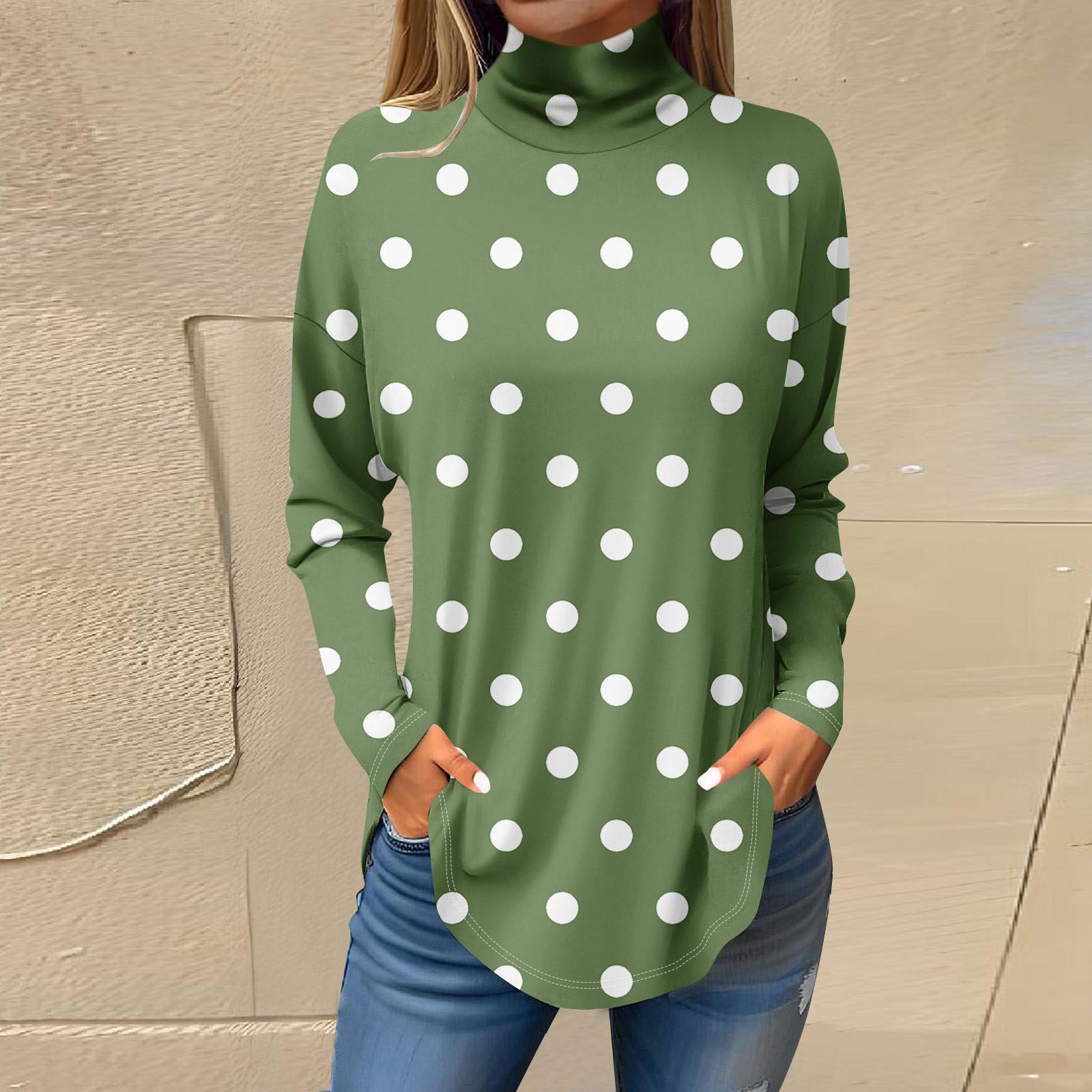 

Футболки для женщин, осенние повседневные рубашки с длинными рукавами, толстовка с винтажным принтом, топ с высоким воротом, пуловер L зелёный