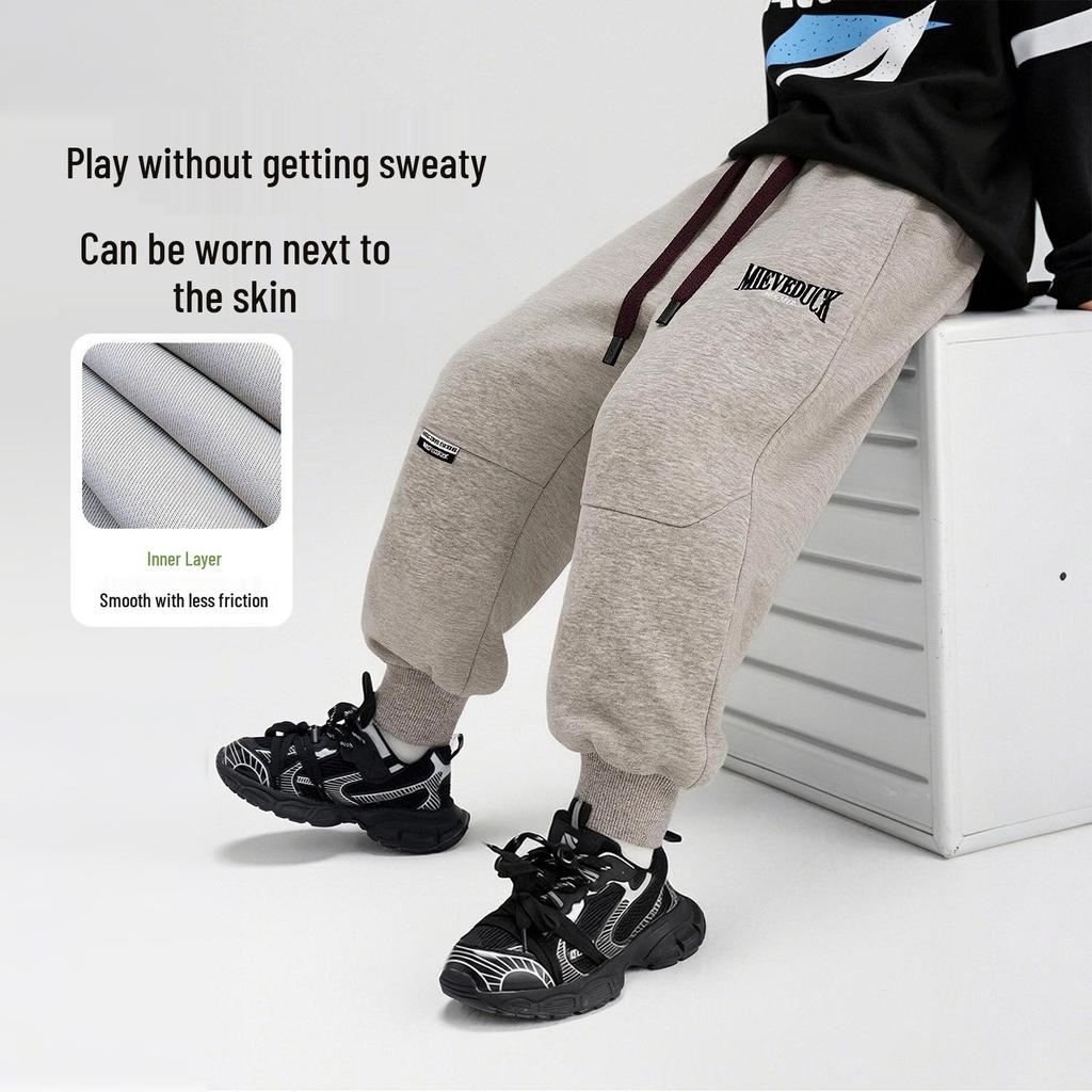 Spring 2026 Wheat Ear Embroidered Cotton Sweatpants for Kids - Loose, Cuffed, Casual Sports Pants