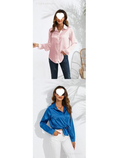 European & American Women's Long Sleeve Satin-Cotton Shirt - Solid Color, Spring & Autumn Bestseller