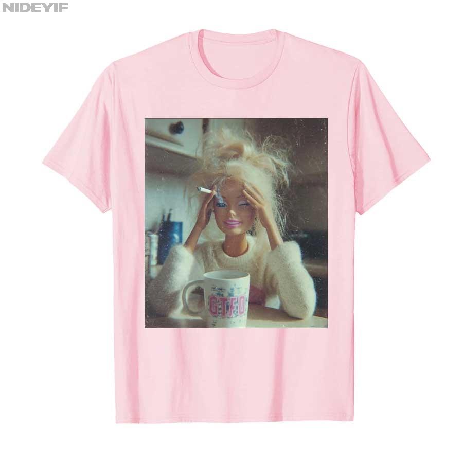 Funny Distressed Doll Face Meme Smoking Sarcastic Humor Gift Tshirt for Unisex Women Cotton T Shirts Short Sleeve Tops